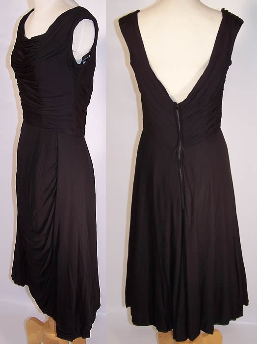 Vintage Ceil Chapman Sexy Wiggle Pleated Drape Black Cocktail Dress side & back views