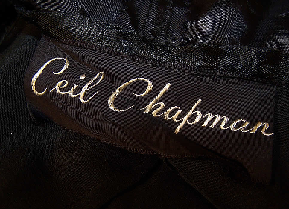 Vintage Ceil Chapman Sexy Wiggle Pleated Drape Black Cocktail Dress label close up
