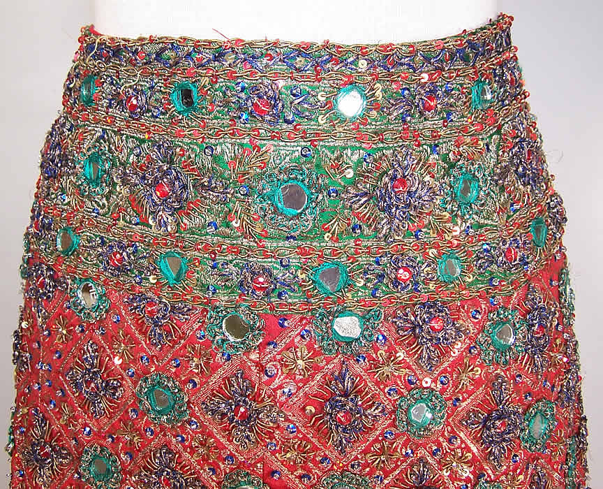 Vintage India Gujarat Zari Embroidery Mirror Beaded Lehenga Ghagra Skirt close up