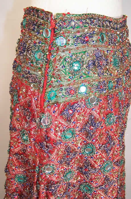 Vintage India Gujarat Zari Embroidery Mirror Beaded Lehenga Ghagra Skirt