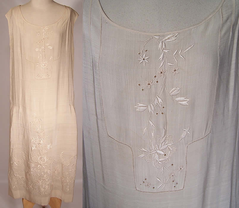 Vintage Cream Silk Embroidered Negligee Nightgown Chemise Slip Dress