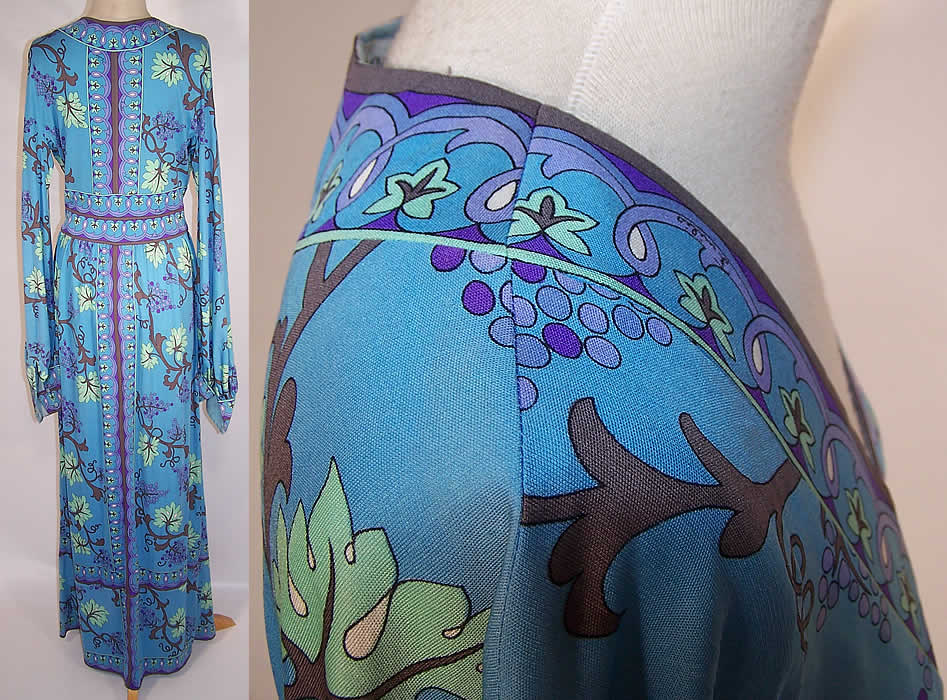 Vintage Emilio Pucci Blue Silk Grape Vine Leaf Long Boho Dress back view & close up side view.