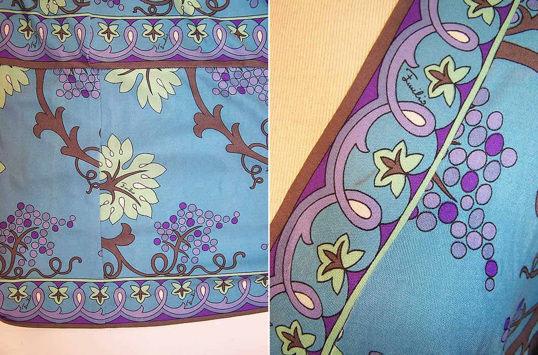 Vintage Emilio Pucci Blue Silk Grape Vine Leaf Long Boho Dress 2 close ups