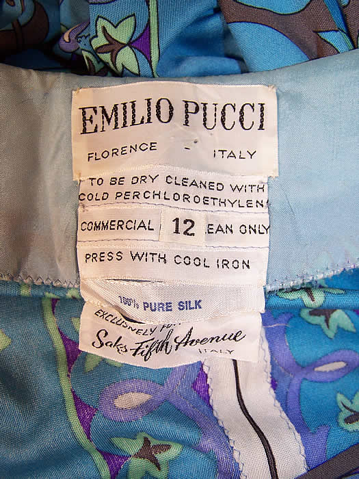 Vintage Emilio Pucci Blue Silk Grape Vine Leaf Long Boho Dress label close up.