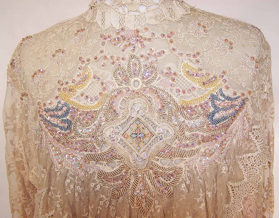 Vintage By Susan Antique Ecru Lace Beaded Trim Victorian Inspired Blouse Top back view.
