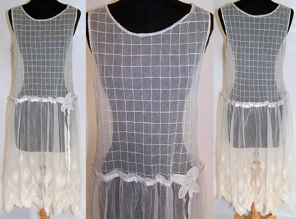 Vintage White Windowpane Check Net Lace Drop Waist Slip Dress 