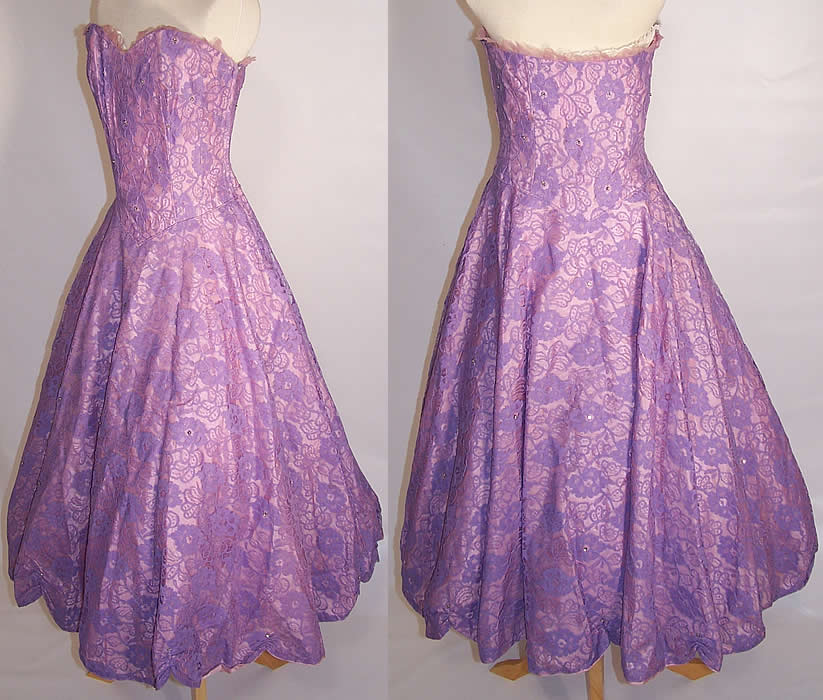 Vintage Purple Lace Rhinestone Strapless Formal Gown Circle Skirt Dress side and back views