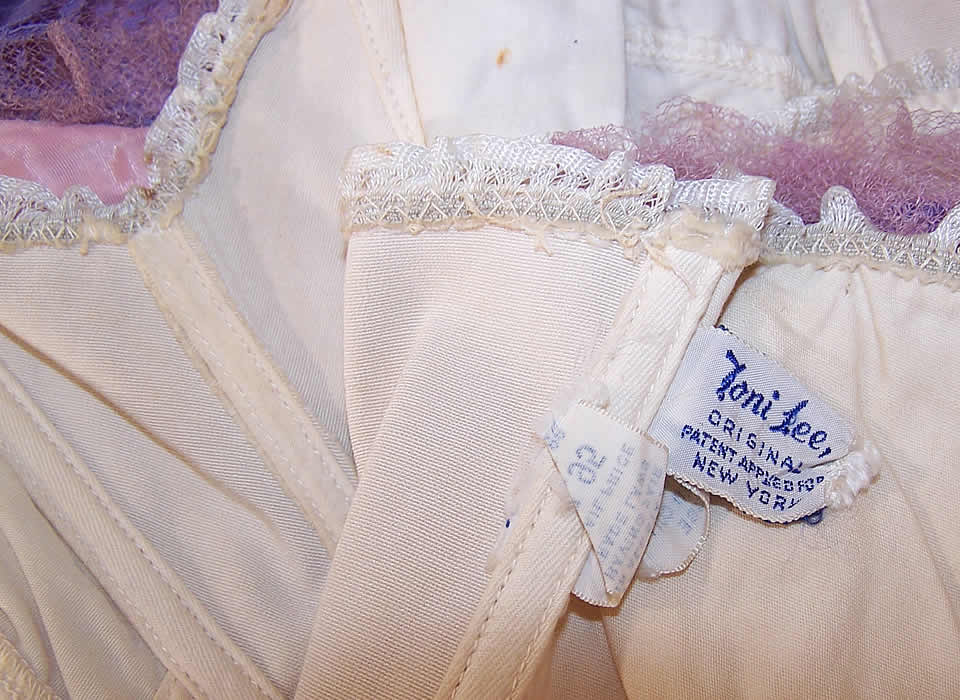 Vintage Purple Lace Rhinestone Strapless Formal Gown Circle Skirt Dress label close up.