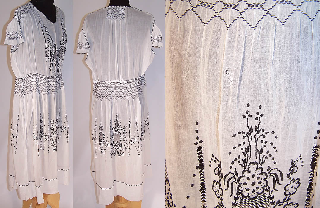 Vintage Black & White Batiste Floral Smocking Embroidered Boho Peasant Dress