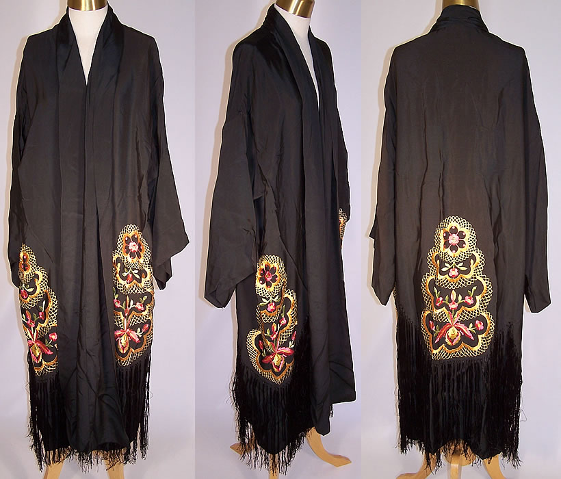 Vintage Art Deco Silk Embroidered Orchid Flower Piano Shawl Robe Coat