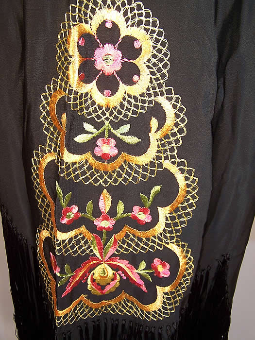 Vintage Art Deco Silk Embroidered Orchid Flower Piano Shawl Robe Coat