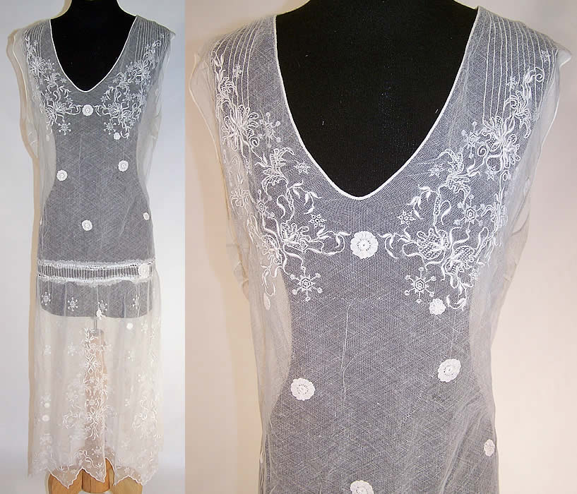 White Embroidered Floral Snowflake Net Lace Rosette Drop Waist Dress
