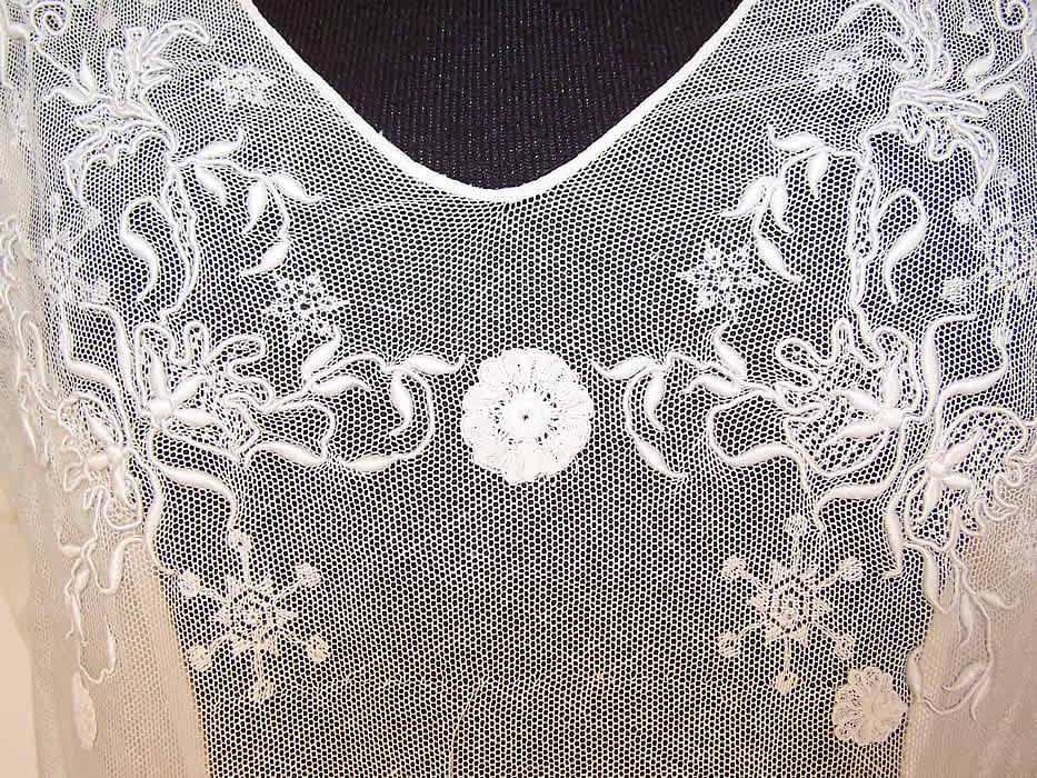 White Embroidered Floral Snowflake Net Lace Rosette Drop Waist Dress