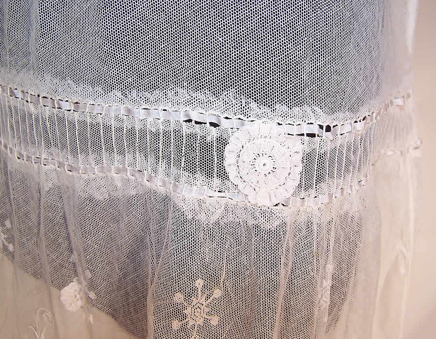 White Embroidered Floral Snowflake Net Lace Rosette Drop Waist Dress close up