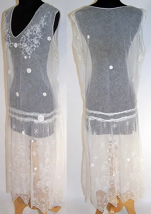 White Embroidered Floral Snowflake Net Lace Rosette Drop Waist Dress side & back views