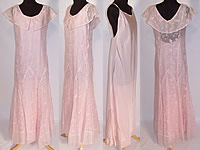1930s Floral Embroidered Pink Organdy Shawl Collar Bias Cut Dress & Slip
