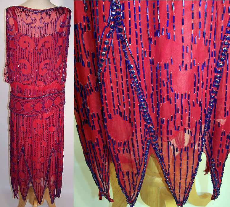 Vintage Art Deco Red Silk Chiffon Cobalt Blue Beaded Flapper Dress