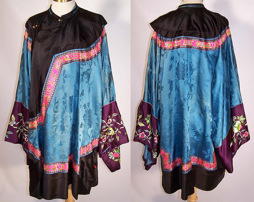 Antique Chinese Silk Embroidered Butterfly Pomegranate Sleeve Band Cuff Robe