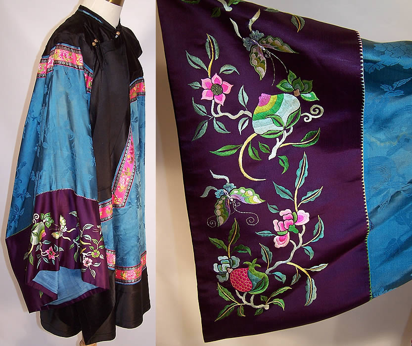 Antique Chinese Silk Embroidered Butterfly Pomegranate Sleeve Band Cuff Robe side view & slleeve