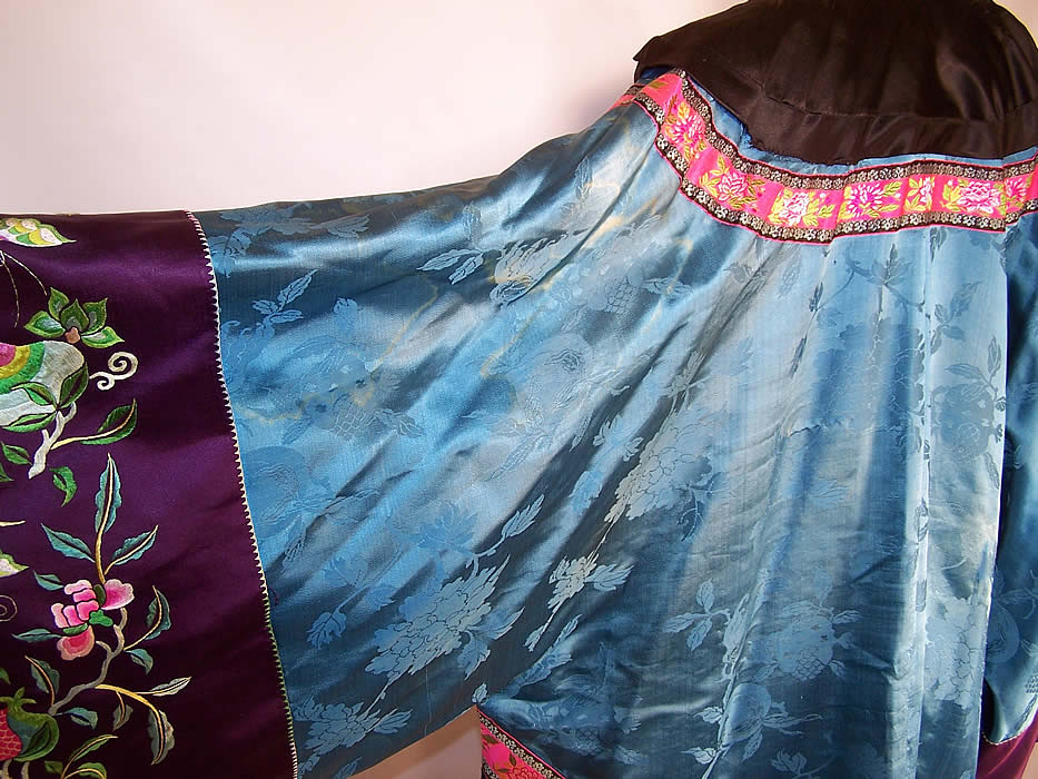 Antique Chinese Silk Embroidered Butterfly Pomegranate Sleeve Band Cuff Robe close up.