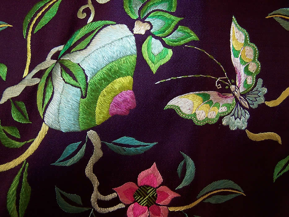 Antique Chinese Silk Embroidered Butterfly Pomegranate Sleeve Band Cuff Robe