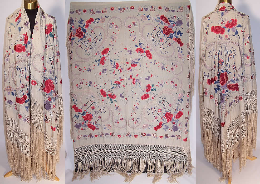 Antique Silk Embroidered Chinese Peacock Feather Floral Canton Piano Shawl