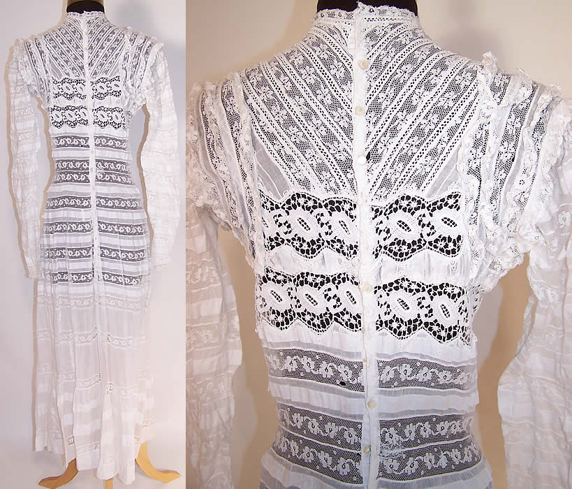 Victorian White Cotton Batiste Valenciennes Lace Graduation Wedding Dress back view.