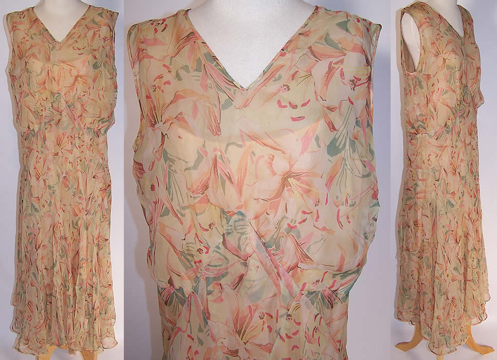 Vintage Lily Flower Yellow Silk Chiffon Bias Cut Sleeveless Summer Dress 