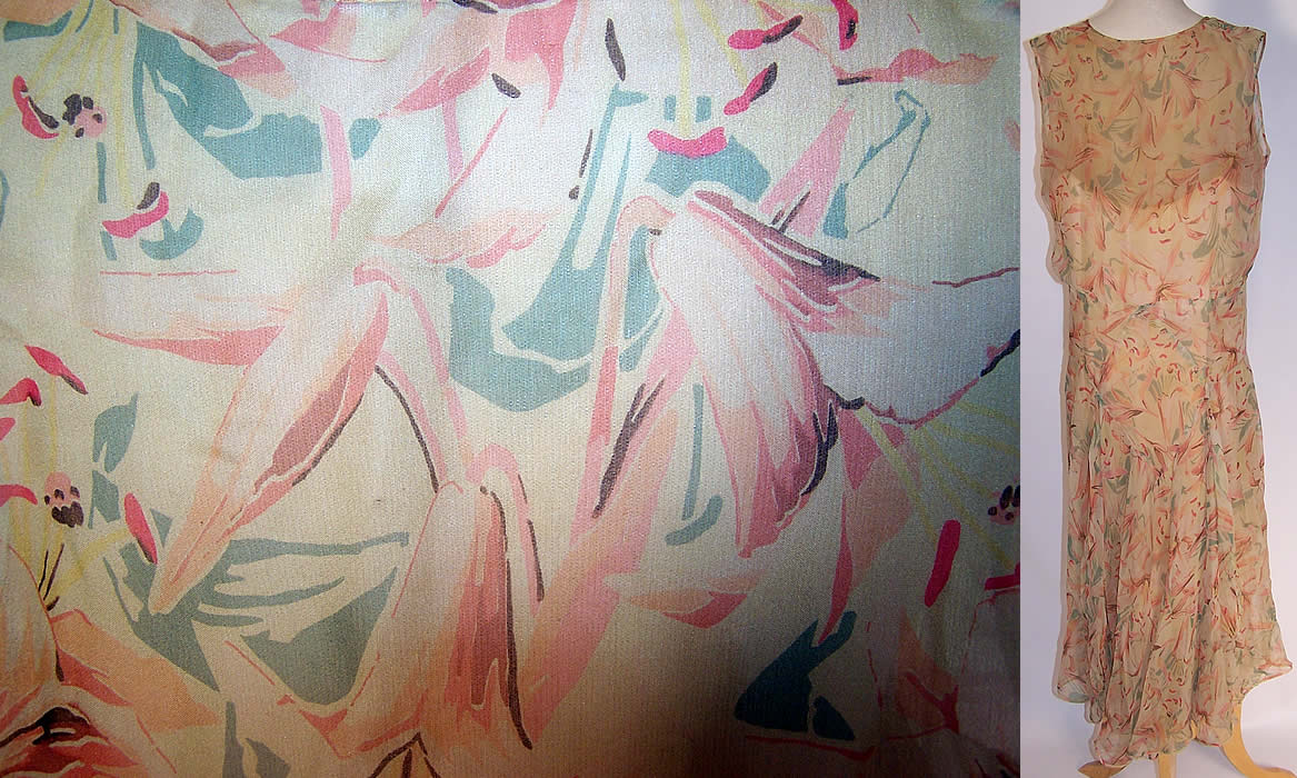 Vintage Lily Flower Yellow Silk Chiffon Bias Cut Sleeveless Summer Dress 