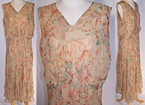 Vintage 1930s Lily Flower Yellow Silk Chiffon Bias Cut Sleeveless Summer Dress 