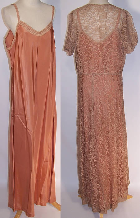 Vintage Ecru Net Floral Lace Formal Bridesmaid Dress & Slip 