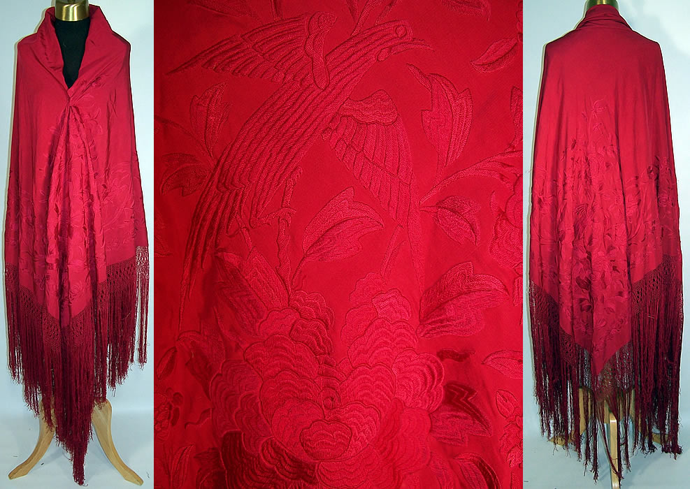 Antique Red Silk Embroidered Chinese Bird Butterfly Floral Canton Piano Shawl