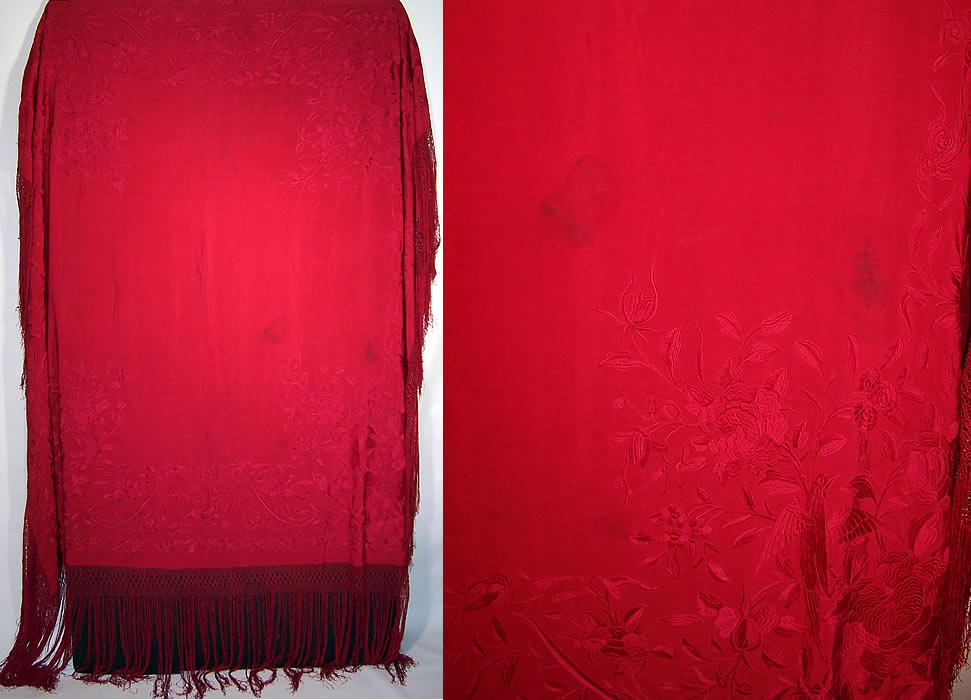 Antique Red Silk Embroidered Chinese Bird Butterfly Floral Canton Piano Shawl