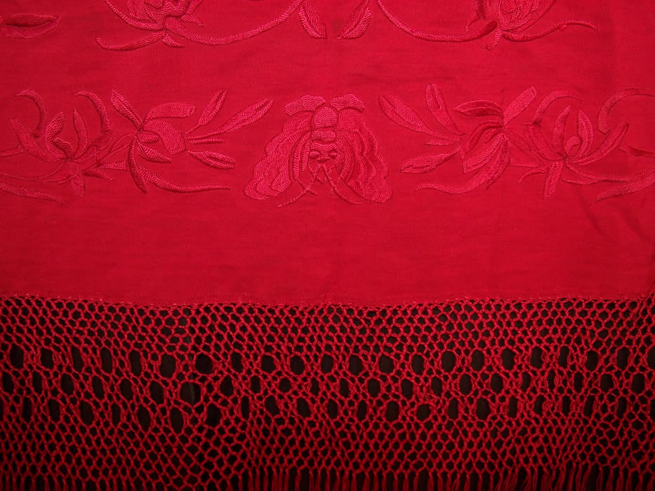Antique Red Silk Embroidered Chinese Bird Butterfly Floral Canton Piano Shawl close up.
