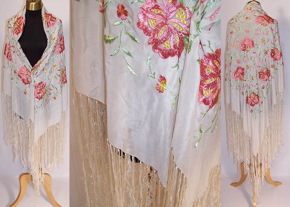 Vintage White & Pink Silk Floral Embroidered Fringe Piano Shawl