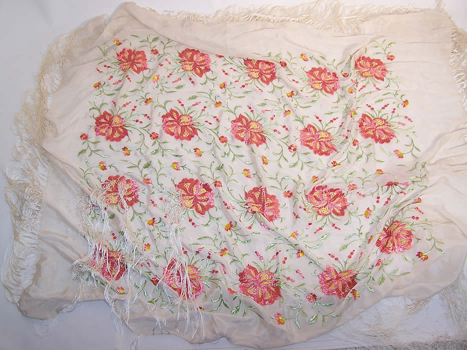 Vintage White & Pink Silk Floral Embroidered Fringe Piano Shawl