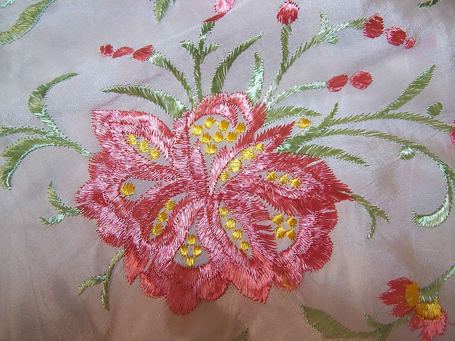 Vintage White & Pink Silk Floral Embroidered Fringe Piano Shawl close up