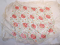 Vintage 1920s White & Pink Silk Floral Embroidered Fringe Piano Shawl