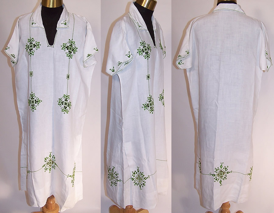Vintage Arts & Crafts White Linen Green Embroidered Boho Peasant Shift Dress