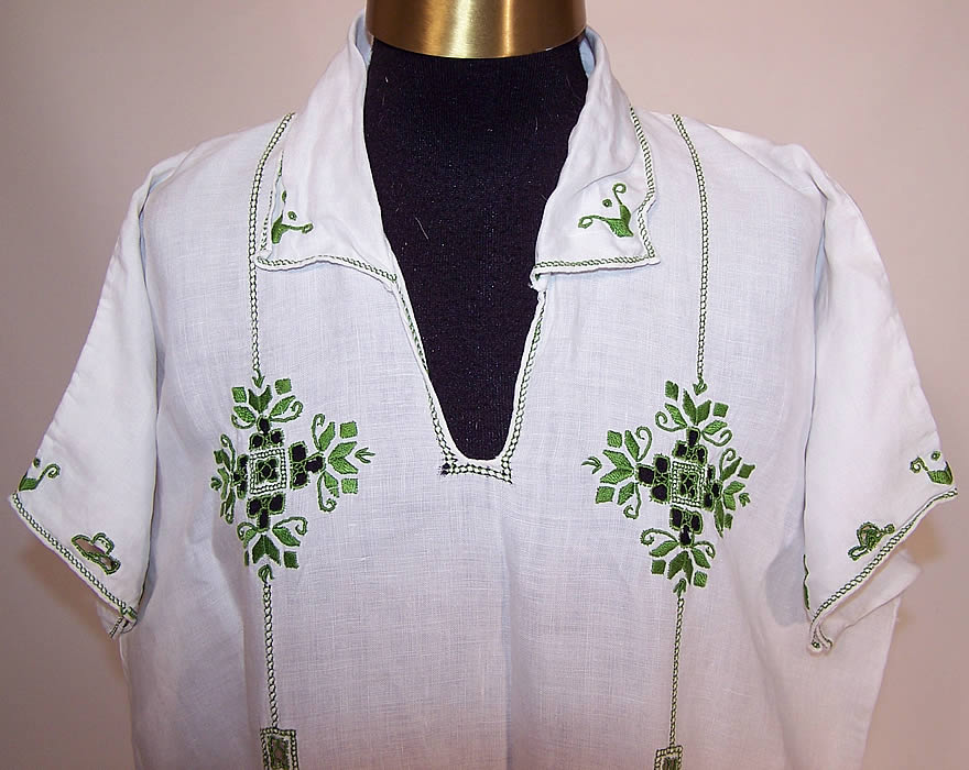 Vintage Arts & Crafts White Linen Green Embroidered Boho Peasant Shift Dress
