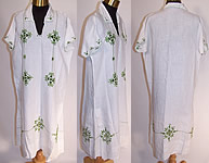 Vintage Arts & Crafts White Linen Green Embroidered Boho Peasant Shift Dress