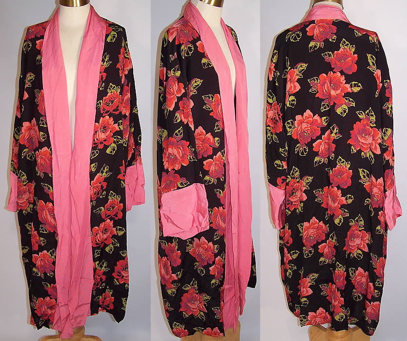 Vintage Black Silk Rayon Pink Roses Floral Print Robe Coat