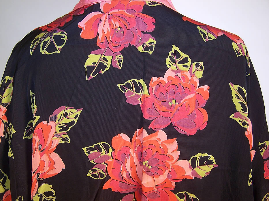 Vintage Black Silk Rayon Pink Roses Floral Print Robe Coat