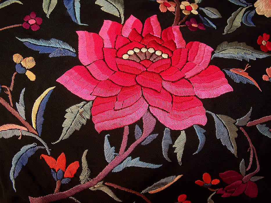 Antique Black Silk Colorful Floral Embroidered Canton Piano Shawl very close up