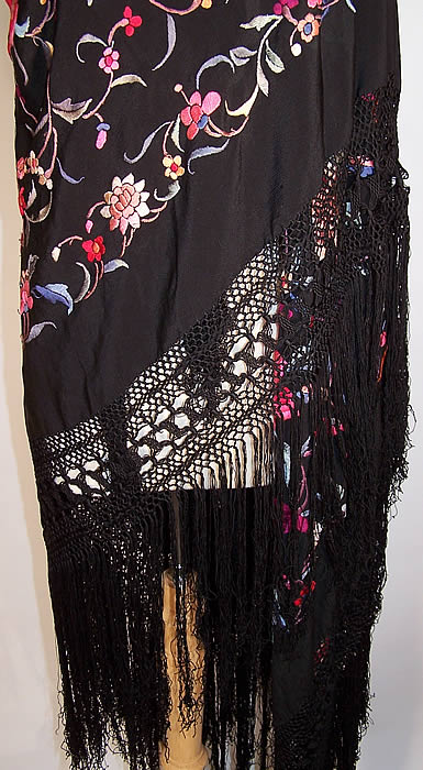 Antique Black Silk Colorful Floral Embroidered Canton Piano Shawl