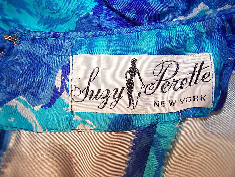 Vintage Suzy Perette Blue Roses Floral Silk Circle Skirt Party Dress label