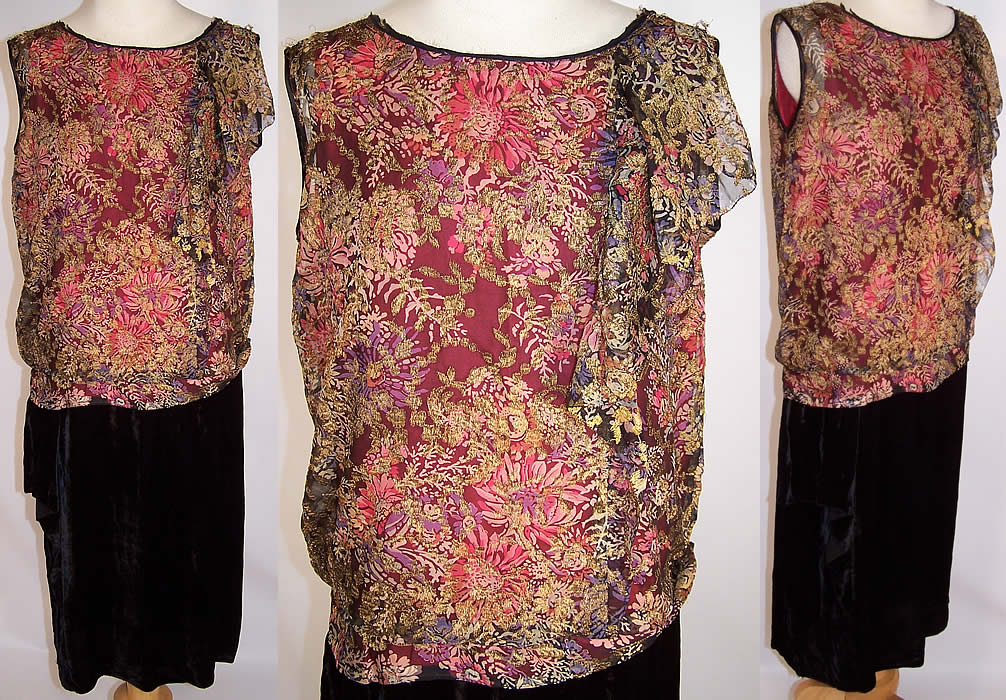 Vintage Gold Lamé Floral Silk Chiffon Velvet Drop Waist Dress