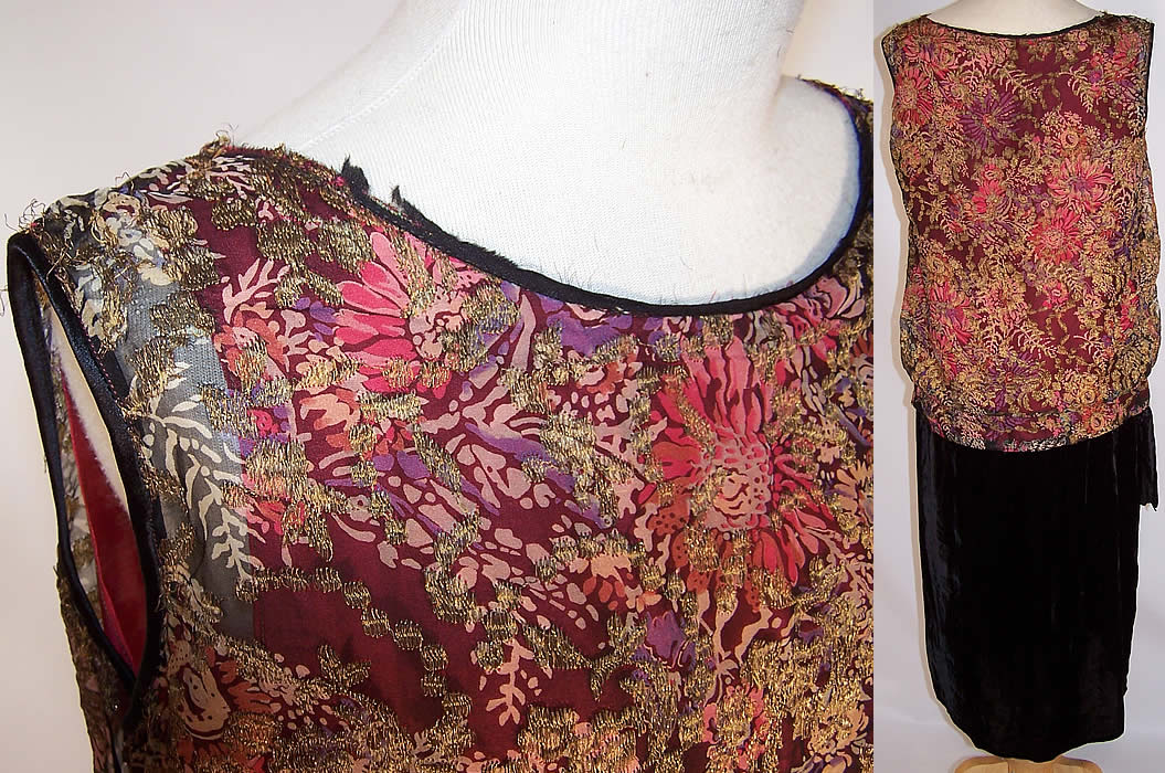 Vintage Gold Lamé Floral Silk Chiffon Velvet Drop Waist Dress