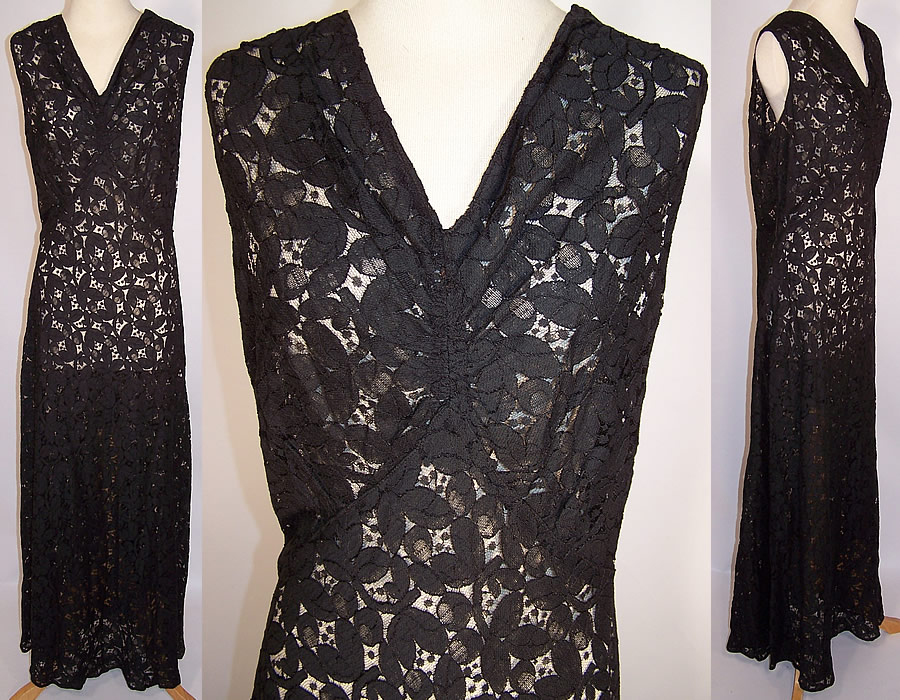 Vintage Sheer Black Lace Olive Leaf Pattern Bias Cut Dress Evening Gown 