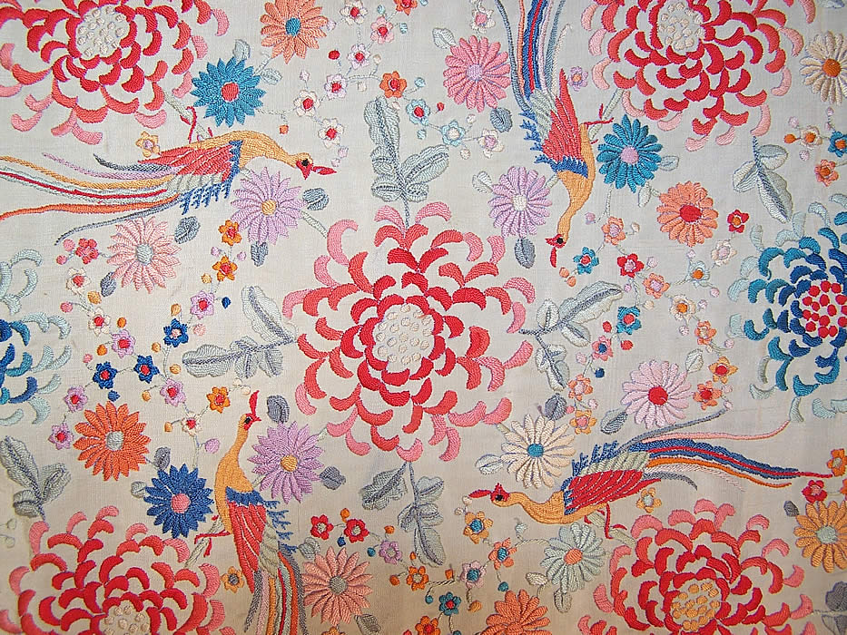 Antique Silk Pastel Embroidered Floral Bird Chinese Canton Piano Shawl 